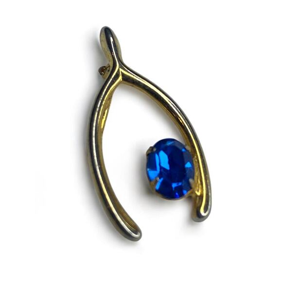 Vintage Goldtone Wishbone Brooch Pin Blue Stone 1.25" - Picture 1 of 8